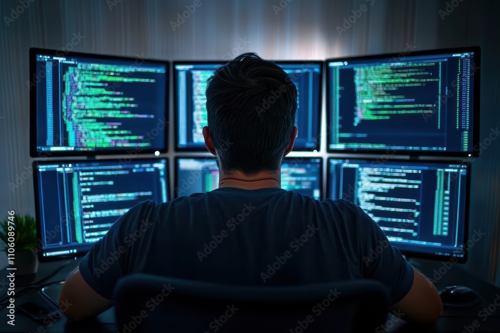 Poster a programmer working on multiple monitors, surrounded by code, in a modern workspace.
