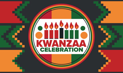 Kwanzaa Happy Celebration. African and African-American culture holiday. Seven days festival, celebrate annual from December 26 to January 1. Black history. Poster, card, banner and background. Vector