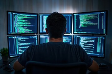 A programmer working on multiple monitors, surrounded by code, in a modern workspace.
