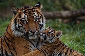 Fototapeta premium Mother Tiger Hugging Her Baby in the Wild