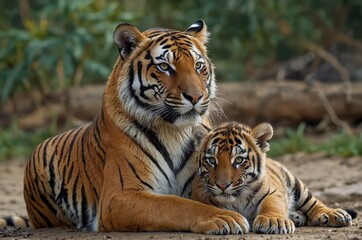 Obraz premium Mother Tiger Hugging Her Baby in the Wild