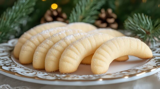 Delicate vanilla kipferl crescent cookies, buttery curves coated in snowy vanilla sugar, elegantly arranged on porcelain plate with evergreen branches in the background.