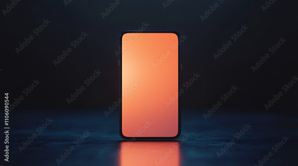Poster modern smartphone with vibrant orange gradient screen glowing in dark environment, showcasing sleek 