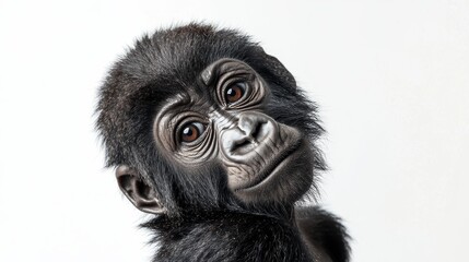 Fototapeta premium Captivating Close up Portrait of Curious Baby Gorilla with Soft Dark Fur