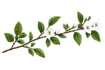 Fototapeta premium Branch with delicate white flowers and green leaves on a white isolated background.