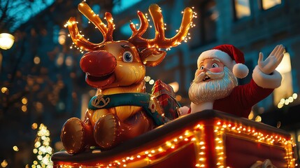 Obraz premium Majestic reindeer balloon with detailed red-and-green harness, antlers wrapped in glowing fairy lights, floating regally next to Santa waving in holiday cheer.