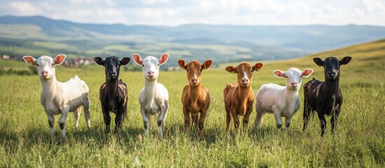 Seven adorable lambs of various colors standing in a green field with mountains in the background.