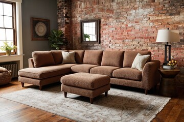 Light Brown Boucle Sectional and Footstool in a Rustic Family Room with Vintage Brick Wall