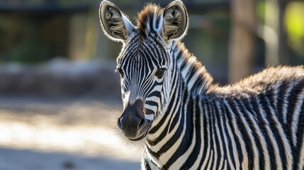 Naklejka premium Captivating Portrait of a Young Zebra with Distinctive Black and White Stripes in its Natural Habitat