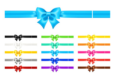 Set of satin ribbons and bows in vibrant colors on a white background. Perfect for gift wrapping, festive decor, holiday cards, and creative projects. Vector illustration in a realistic style