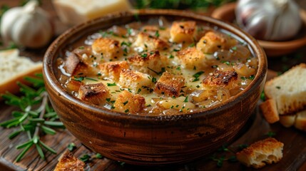 Rustic bowl of French onion soup topped with melted cheese
