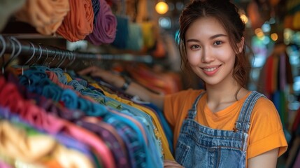 Obraz premium Young Asian female shop assistant arranging clothes on display in a retail store.