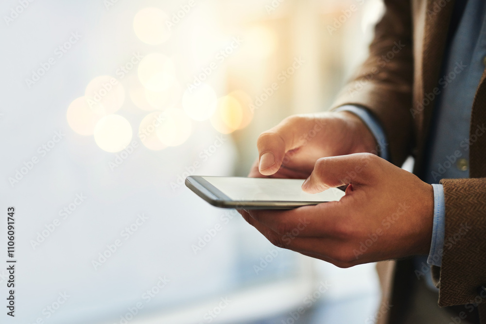 Poster network, hands and phone screen as mobile for communication, connection and update in mockup space. 