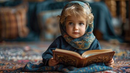 Young child sitting cross-legged reading the Quran.