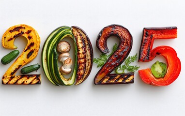 2025 Made of Grilled Vegetables  Numbers arranged using slices of grilled zucchini, eggplant, bell peppers, and mushrooms. Smoky and artistic, white background.
