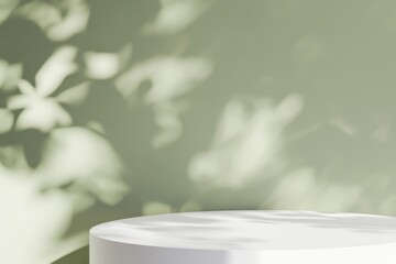 Minimal abstract background, light and shadow of tree leaves. Cosmetic product presentation. Premium podium. Pastel soft green wall, white table. Showcase display case. Front view. Mockup ad. Concrete