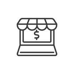 Computer retailing, icon in line design. Computer, retailing, electronics, sales, laptops, desktops, store on white background vector. Computer retailing editable stroke icon