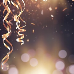 Falling gold ribbons and confetti on dark blurred background for festive celebrations
