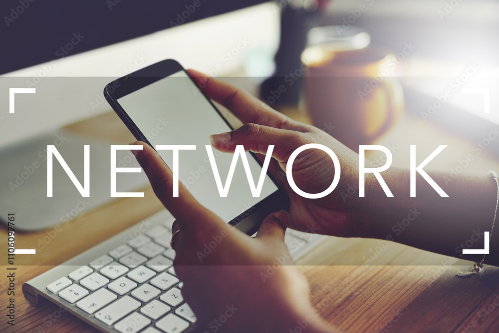 Aufkleber network, hands and phone screen as mobile for connection, communication and update in mockup space. 