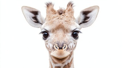 Naklejka premium Close up Portrait of a Curious Young Giraffe Against a White Background