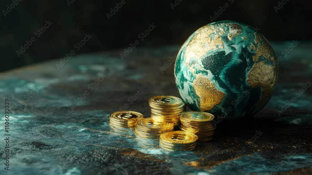 Poster global financial system symbolized by golden world globe and stacks of cryptocurrency coins on a tex