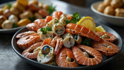 Fresh seafood displayed in an elegant arrangement.