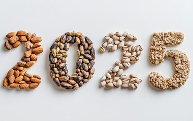 2025 Made of Nuts and Seeds &acirc;?&ldquo; Numbers formed using almonds, pistachios, sunflower seeds, and walnuts. Natural and healthy, white background.