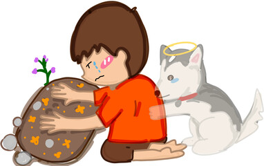 A boy sadness in front of his dog’s grave 