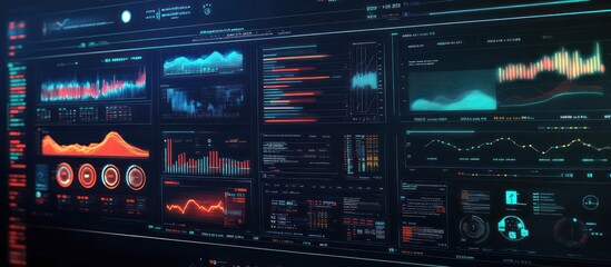 Futuristic Data Visualization Interface:  A  Cyberpunk-Style Dashboard Displaying Complex Algorithmic Data Streams and  Interactive Charts