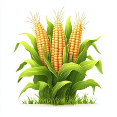Corn plant with ripe cobs and green leaves on a white isolated background.