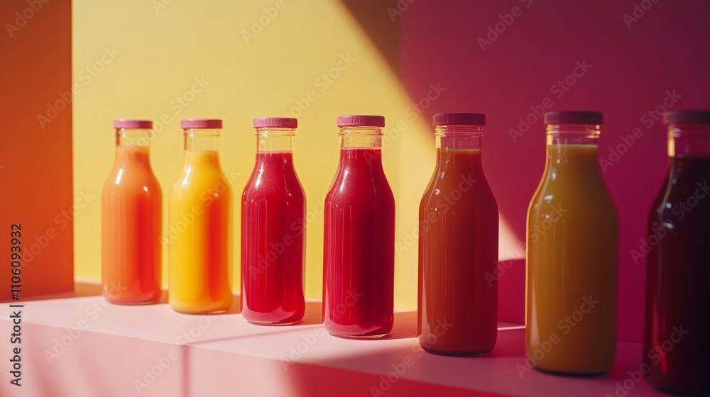 Aufkleber Brightly colored juice bottles are arranged neatly on a shelf with colorful backgrounds. The scene captures the freshness and appeal of the juices, showcasing orange, red, and yellow hues.