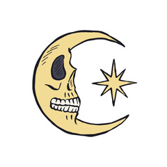 Obraz premium Hand drawn sketchy crescent moon with skull face isolated on white background. Doodle skeleton head tattoo design