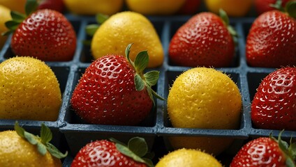 Fresh strawberries and yellow fruit in a container.