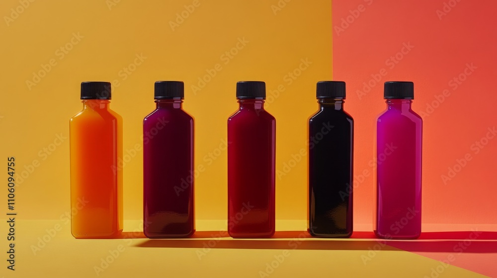 Poster brightly colored bottles filled with juice line up against a warm yellow and pink background. each b