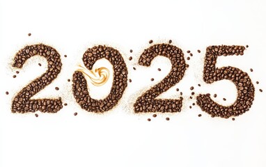 2025 Made of Roasted Coffee Beans and Cream Foam â?“ Numbers designed with a blend of coffee beans and latte art-style foam swirls. Aromatic and modern, white background.