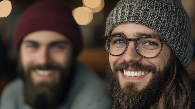 working in cafe with smile concept. Two smiling men with beards wearing winter hats in a cozy setting.