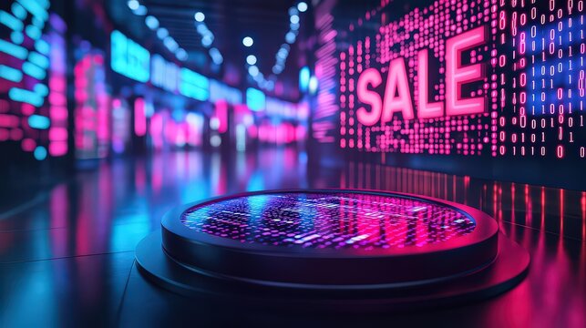  Cyber Monday sale setup with circular glossy black podium, dynamic binary code patterns projected on background, and bold neon "SALE" sign flickering brightly.