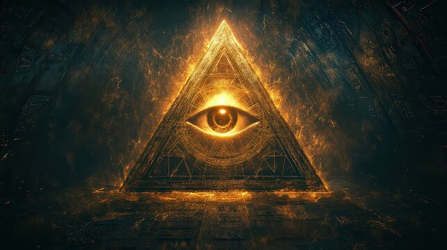 Glowing all-seeing eye enclosed in pyramid, radiating golden light, against dark textured background filled with intricate geometric patterns and cryptic symbols for mystery.