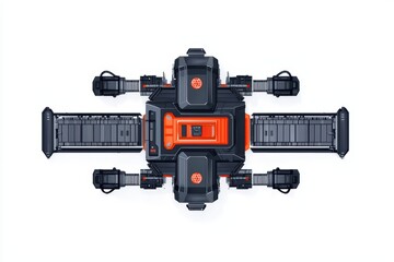 Fototapeta premium Futuristic drone with multiple rotors and an orange and black design on a white isolated background.