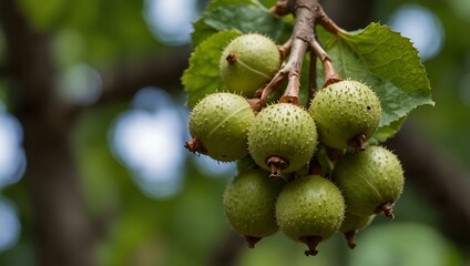 Fresh, unripe hazelnuts on the tree, organic and healthy.
