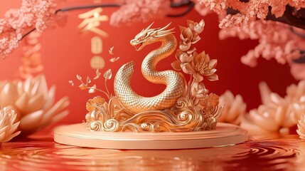 Fototapeta premium Year of the Snake podium with flowing water motif, serpentine snake in elegant pose, and gold calligraphy symbols for prosperity and fortune adorning background.