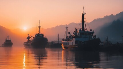 Fototapeta premium Silhouette of fishing boats at sunrise harbor, calm water reflecting golden sun.