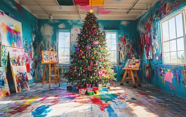 Artistâ???s Tree A colorful Christmas tree with paintbrushes, palettes, and splash-pattern ornaments, placed in a creative art studio