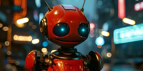 a red robot with blue eyes.

