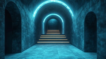 A blue tunnel with a neon light on the ceiling