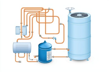 Illustration of a hot water system with clear pipes and tanks on a white background.