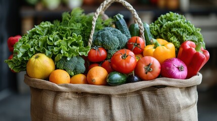 Reusable shopping bag filled with colorful vegetables