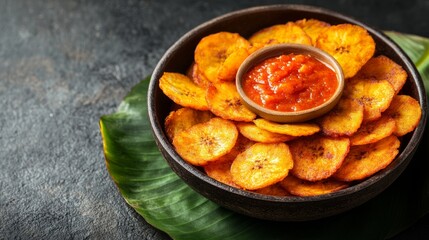 Crispy fried plantain chips in a bowl with spicy tomato sauce, served on a banana leaf.