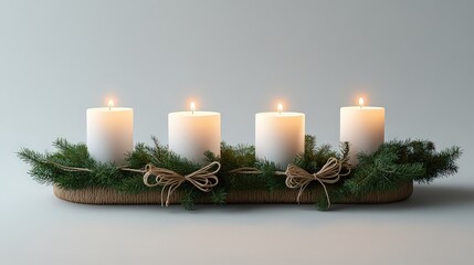  Scandinavian-inspired wreath with simple greenery and twine bows, featuring four white candles arranged symmetrically, with the first candle lit for serene glow.
