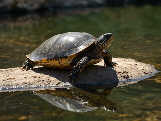 Freshwater turtle basking in sunlight.